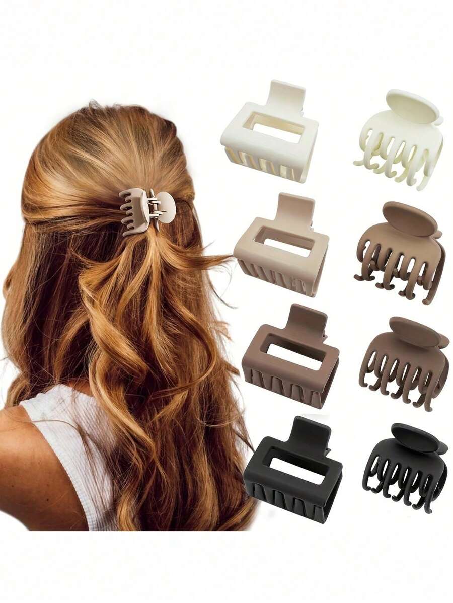 4/8pcs Brown All-Match 4cm Small Hair Clips, Versatile Simple Hair Claws For Daily Use, School Stuff, Hair Accessories - Multicolor - View 1