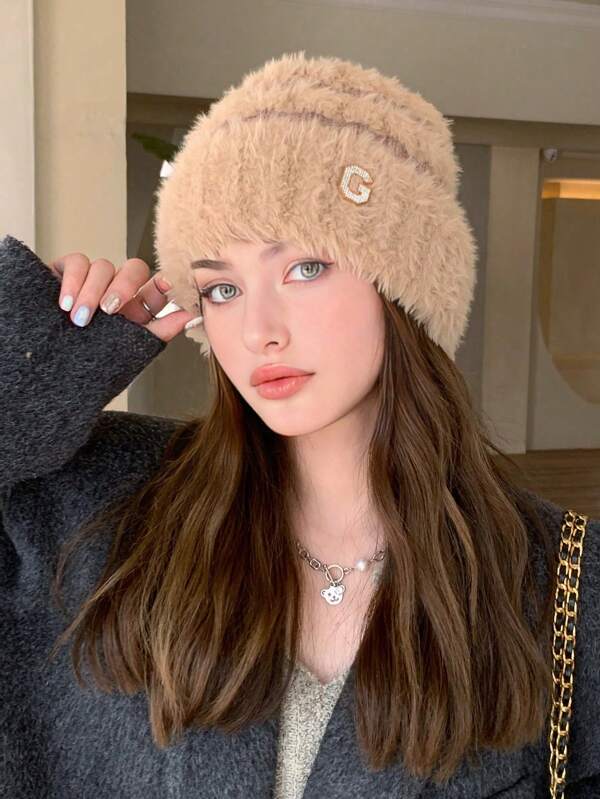 1pc Women's Striped Fuzzy Knit Hat With G-Letter Metal Logo, Thick Warm Windproof Earflap Winter Hat, Cute, Casual, Elegant, Retro Streetwear, Versatile Beanie Suitable For Outdoor, Walking, Skiing, Riding, Travel, Party, Daily Wear