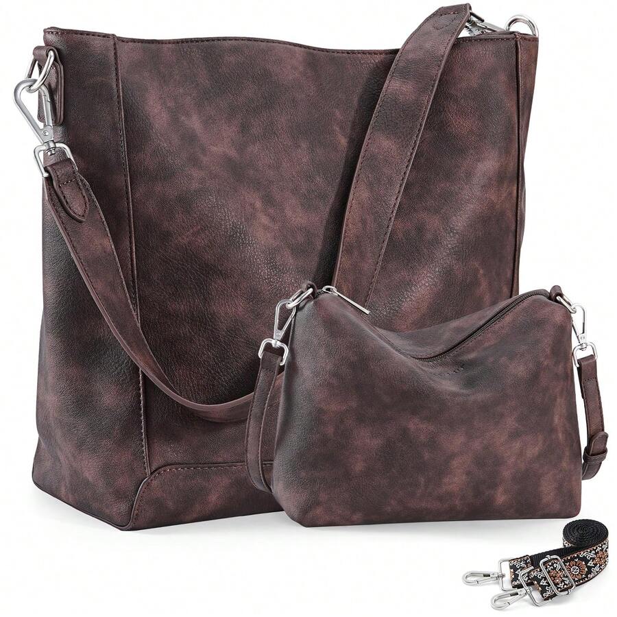4075 / 2PCS Women's Hobo Handbags Small Crossbody Bags Set Vegan Leather Shoulder Bucket Bags Purses For Women Set With 2PCS Straps - 深棕色 - 查看 1