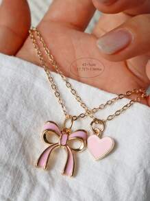 2pcs Heart & Bowknot Necklace Set: Pink Heart Necklace & Cute Bowknot Style Necklace, Best Friend Gift Valentines - Pink - View 12