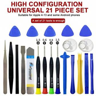 Kit de réparation et de démontage pour téléphone portable 21 en 1 pour Apple et Android. Comprend un tournevis et des outils multifonctions pour le démontage.