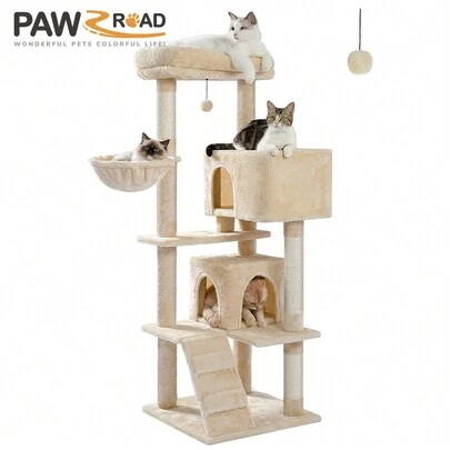 PAWZ Road Cat Tree For Large Cats With Super Large Top Platform, [56.3"=143cm] Tower For Indoor Cats With Hammock And Sleeping Bag, Cat Shelves With Scratching Posts And 2 Houses