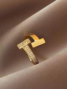 Nhẫn hở có thể điều chỉnh hình chữ T đôi Golden Sand mới, Nhẫn thời trang cá nhân hóa phổ biến trên - Nhẫn mở kim cương đôi T - Xem 6