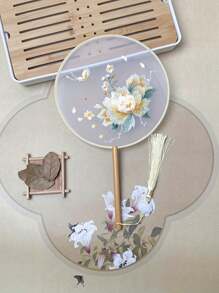 1 Stück vintage Handventilator, chinesischer runder Fächer mit Seide-Stickerei, Kranich-Blumen Heim- und Raumdekoration, Tanzfächer mit Quasten, Party-Requisiten, Weihnachts-, Valentinstags- und Neujahrgeschenk