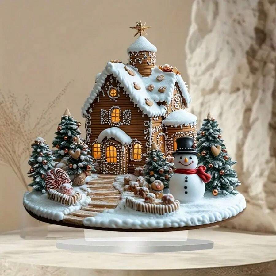 1pc Boho Style Christmas Gingerbread House Desktop Decor, Perfect For Home, Office Or Cafe Display - White - View 1