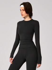 1pc Women Soft Fleece Long Sleeve Tee, Stretchy & Warm Base Layer Shirt For Outdoor, Fitness & Running