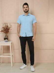 Men's Basic Plain Hawaiian Dress Shirt Summer 2024 - 淺藍色 - 查看 4