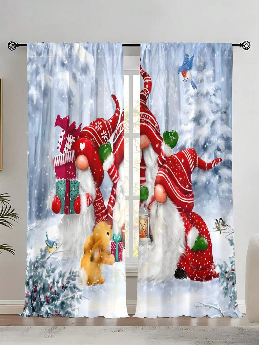 2 件套圣诞雪人薄纱窗帘，家庭客厅装饰窗帘，半透明隐私保护窗帘，适用于卧室和客厅 - 藍色 - 查看 1