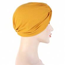 1pc Solid Color Pleated Turban Cap Casual Elastic Head Wrap Women Bandana Casual Hijab Hat Women Beanie Chemo Hats - Multicolor - View 3