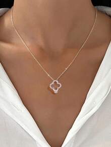 1件简约可爱锆石四叶草项链，925纯银女士精致项链，高端珠宝礼品，派对礼物，生日礼物，约会必备 - 四葉草縷空項鍊 - 查看 2