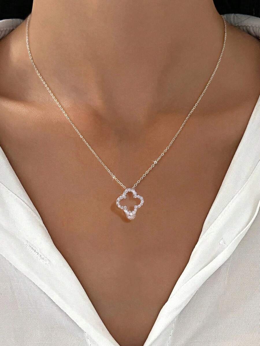 1件简约可爱锆石四叶草项链，925纯银女士精致项链，高端珠宝礼品，派对礼物，生日礼物，约会必备