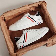 Giày thể thao nam trơn màu, giày thể thao Hip-Hop thường ngày, giày thể thao tối giản màu trắng, giày buộc dây thoải mái thời trang học đường, giày sinh viên, cổ thấp - trắng đỏ - Xem 4