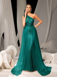 单肩网纱亮片连衣裙，优雅适合晚宴、婚礼宾客、毕业典礼及其他正式场合。 - 墨綠色 - 查看 5