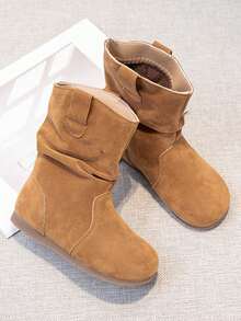 儿童简约纯色毛绒内衬保暖厚底靴，适合冬季户外穿着 - 卡其色 - 查看 4