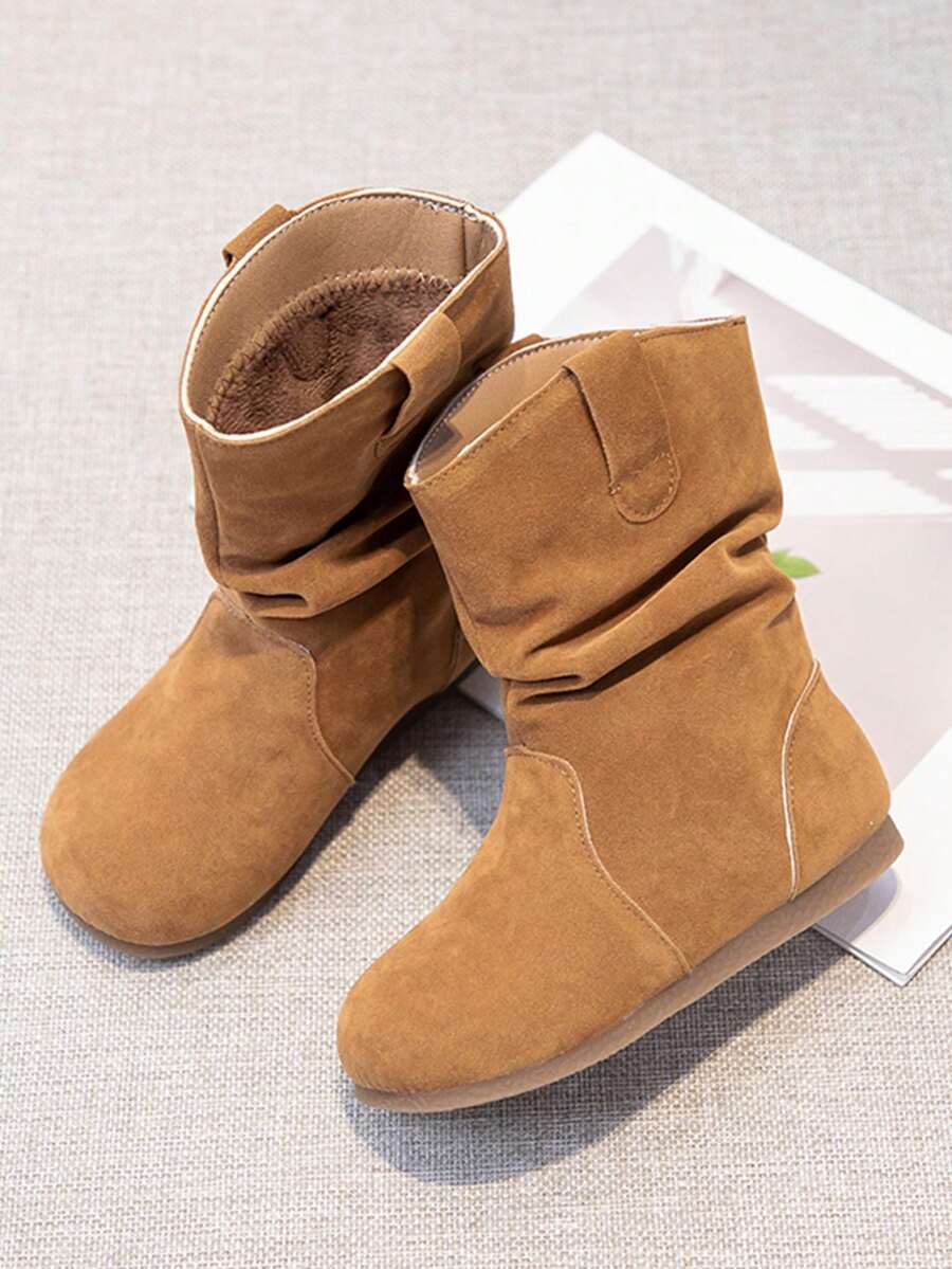 儿童简约纯色毛绒内衬保暖厚底靴，适合冬季户外穿着 - 卡其色 - 查看 1