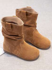 儿童简约纯色毛绒内衬保暖厚底靴，适合冬季户外穿着 - 卡其色 - 查看 3