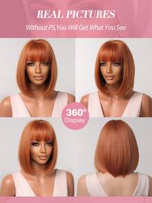 14 英寸鲍勃布朗橙色假发带刘海女士直发合成假发万圣节假发适合角色扮演派对 - 橘色 - 查看 7