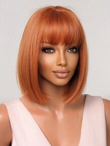 14 英寸鲍勃布朗橙色假发带刘海女士直发合成假发万圣节假发适合角色扮演派对 - 橘色 - 查看 3