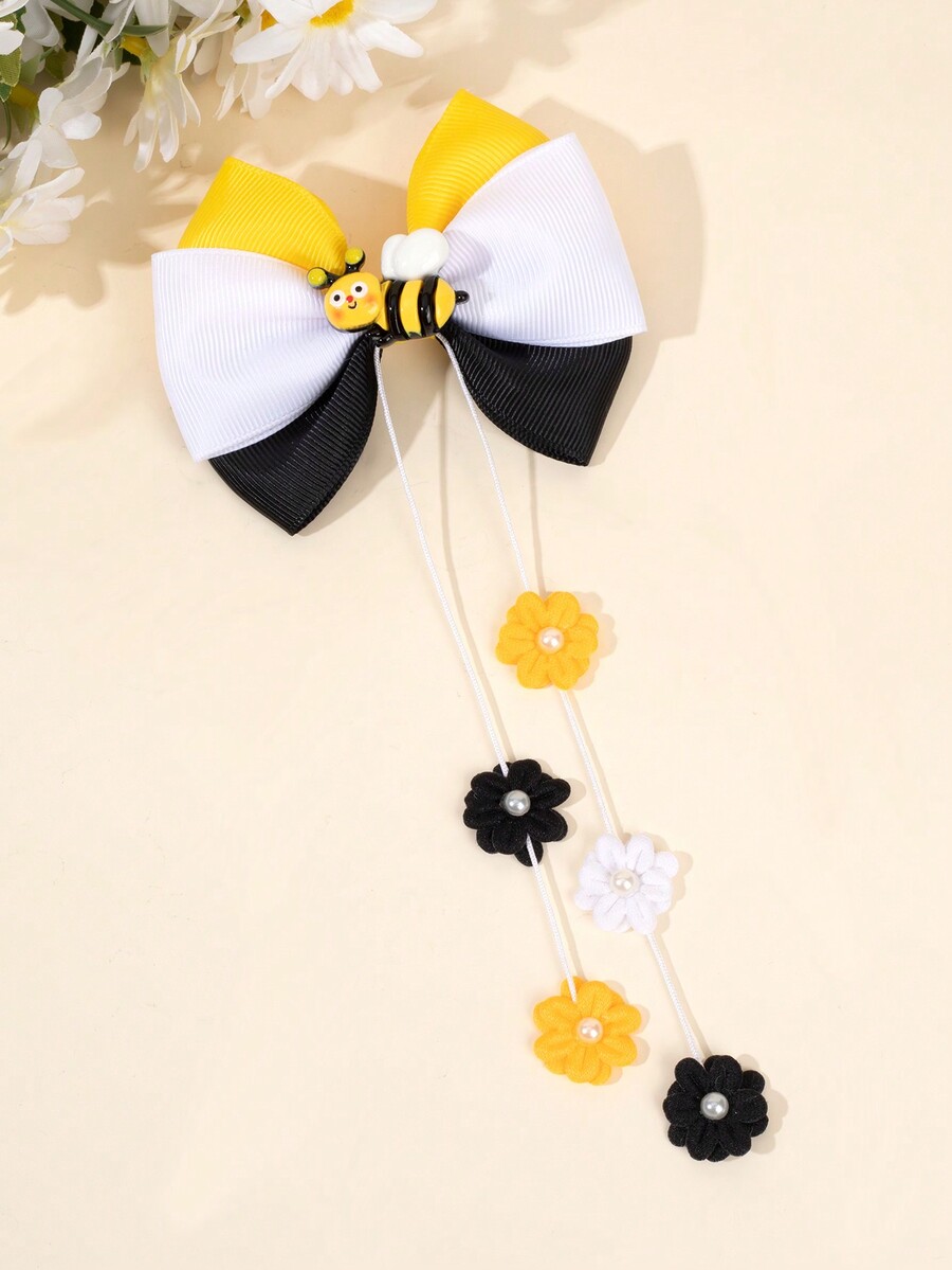 1pc Teddy Bear Hair Bow Clips For Toddlers Girls , Satin Ribbon Hair