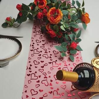 1pc 28cm*500cm Golden Foil Table Runner, Heart Shape Red Valentine's Day Table Runner, Metallic Shiny Reusable Decoration For Dining, Home, Outdoor, Picnic, Restaurant