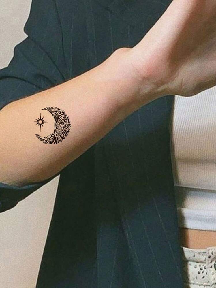 1pc Moon And Stars Pattern Tattoo Stickers For Women And Men, Waterproof Sun Design Temporary Tattoos For Hand, Wrist, Body Decoration, Waterproof Disposable Fake Tattoo - Black - View 3