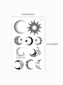 1 pieza Tatuajes temporales con diseño de luna y estrellas para mujeres y hombres, tatuajes falsos impermeables con diseño de sol para decoración de mano, muñeca y Body, tatuajes desechables impermeables - Negro - Ver 5