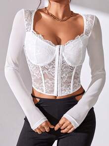 1pc Sexy Women Lace Mesh Sheer Fishbone Buttoned V-Neck Crop Top - White - View 6