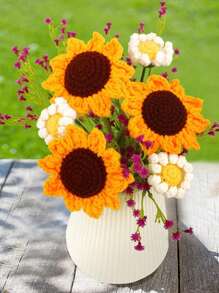 1/2/5 件针织假向日葵雏菊人造花用于装饰，涤纶针织花头和叶子，非常适合婚礼和订婚装饰 - 彩色 - 查看 6