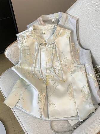 秋季中国风杏色复古背心花卉印花汉服上衣
