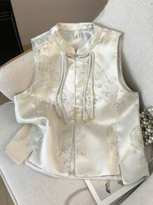 Elegant Autumn Chinese Style Apricot Vintage Vest Tassel Pendant Flower Printed Jacquard Hanfu Tops