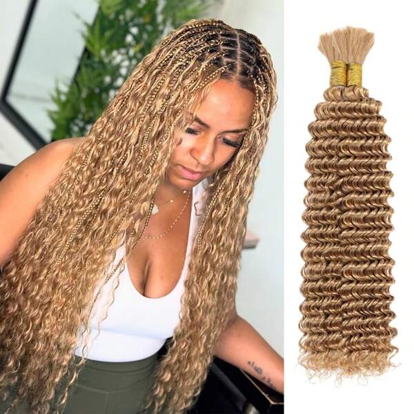 Honey Blonde Human Braiding Hair #27 Color Deep Wave Bulk Human Hair For Micro Braiding No Weft Curly Human Hair For Boho Braids Knotless Goddess Bohemian 100 Gram