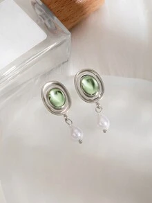 1 对法式复古椭圆形巴洛克珍珠耳环，优雅简约风格女士耳环 - 彩色 - 查看 1