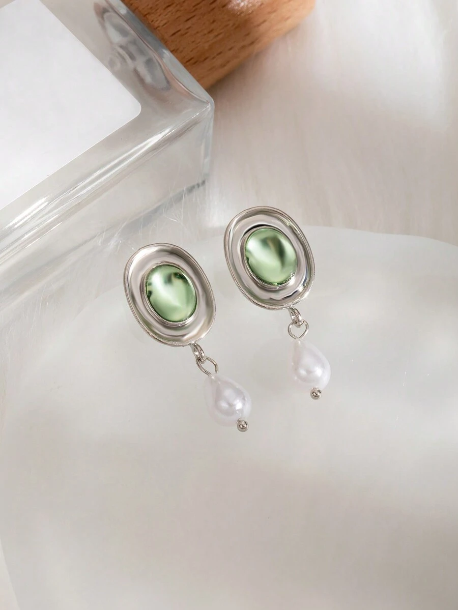 1 对法式复古椭圆形巴洛克珍珠耳环，优雅简约风格女士耳环 - 彩色 - 查看 1