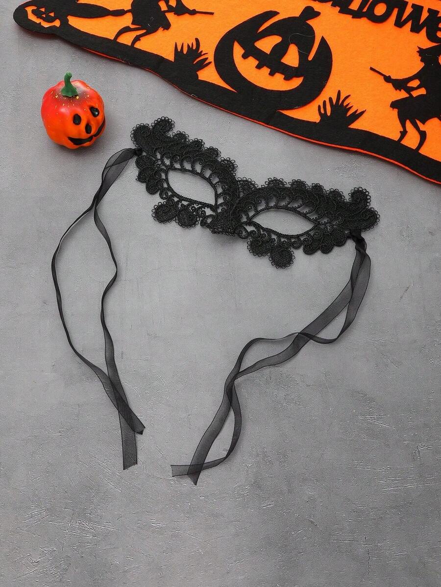 1 件装黑色性感蕾丝镂空半脸面罩，带刺绣，适合女士，适合派对 - 黑色 - 查看 1