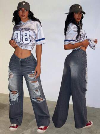 街头复古休闲中腰水洗猫须做旧破洞斜口袋直腿牛仔裤