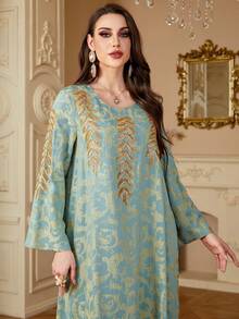 Women's Elegant Sequins Trim Patchwork Round Neck Green Long Arabian Modest Long Sleeve Dress, Kaftan - Green - View 5