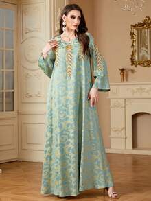 Women's Elegant Sequins Trim Patchwork Round Neck Green Long Arabian Modest Long Sleeve Dress, Kaftan - Green - View 3