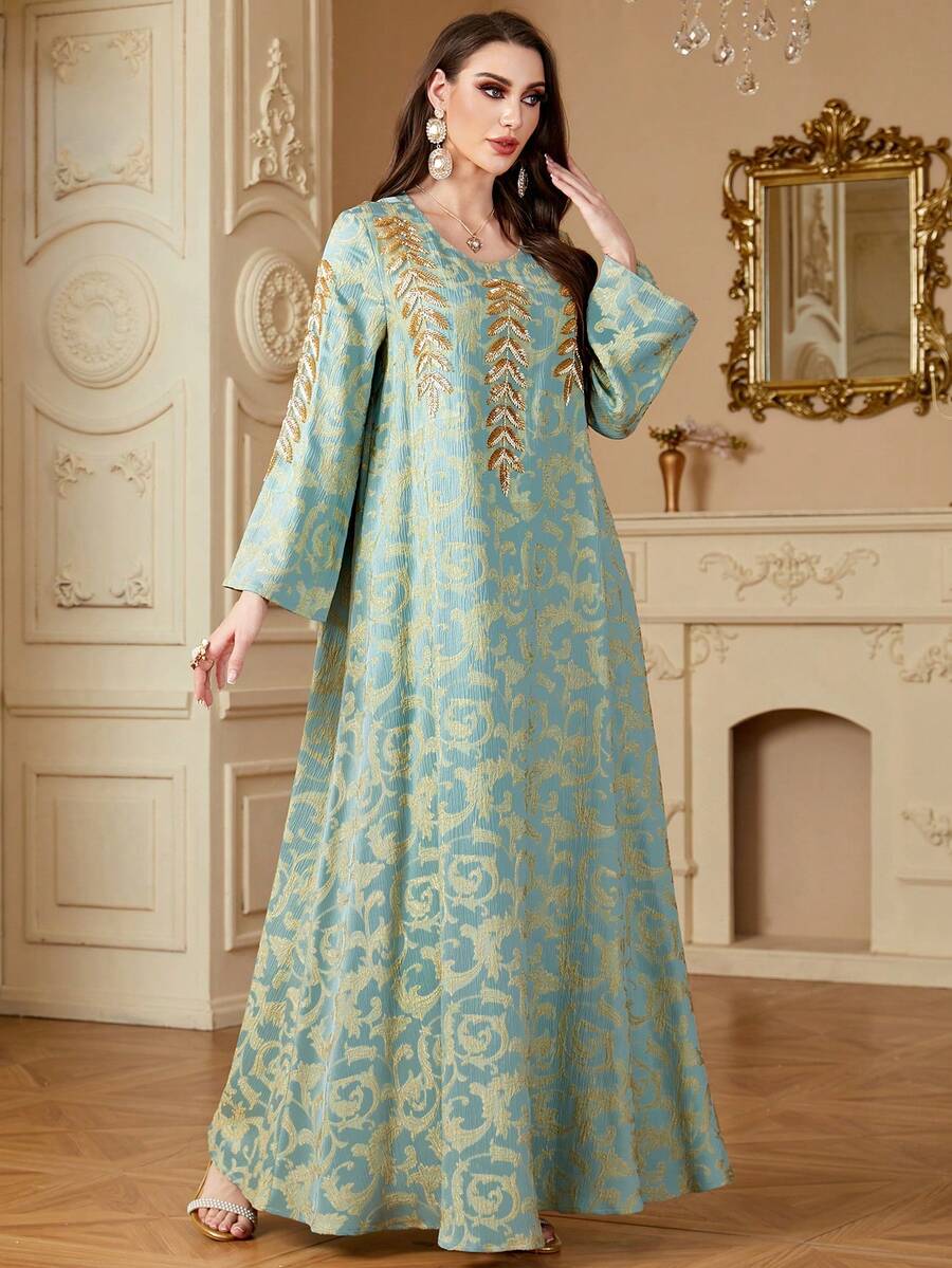 Women's Elegant Sequins Trim Patchwork Round Neck Green Long Arabian Modest Long Sleeve Dress, Kaftan - Green - View 1