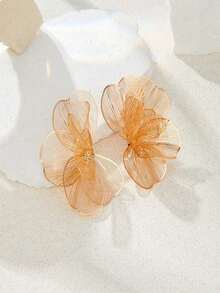 1 对手工黄铜镂空花卉建筑金属时尚街头风格夸张耳环带礼品盒 - 立體鏤空花朵 - 查看 8