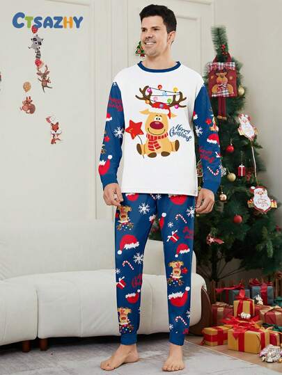 New Design Cute Deer Christmas Decorative Candy Cane Snowflake Letter Print Crew Neck Long Sleeve Men Home Wear 2pcs Set