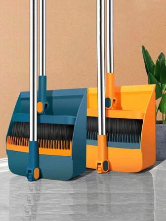1 set Balai à manche long pliable et ramasse-poussière, outil de nettoyage, combo de nettoyage de sol, anti-adhérent, facile à nettoyer, détachable, portable pour usage domestique