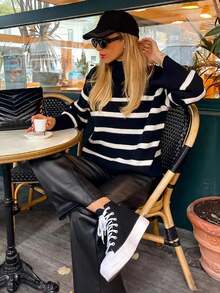 Women's Loose Striped Pullover Sweater, High Neck Long Sleeve Knit Casual Top For Layering, Autumn/Winter