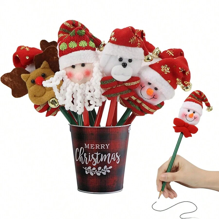 4 支圣诞铅笔，各种设计 - 圣诞老人、雪人、驯鹿、熊、毛绒铅笔、圣诞派对礼物 - 彩色 - 查看 1