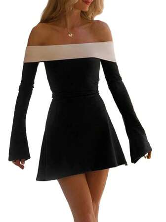 HELYO 女式新款拼色露肩抹胸束腰连衣裙
