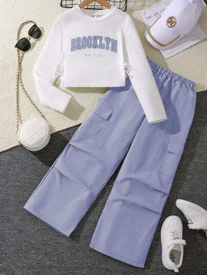 Left Mama Conjunto de 2 piezas casual para niña preadolescente: camiseta de manga larga con cuello redondo y estampado de letras + pantalones cargo, adecuado para primavera y otoño