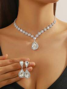 4/3 件优雅项链、耳环和手链首饰套装，女士时尚首饰套装，镶嵌闪亮水钻，适合搭配各种服装，或作为新娘婚纱配饰 - 彩色 - 查看 19
