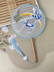 1 Stück vintage Handventilator, chinesischer runder Fächer mit Seide-Stickerei, Kranich-Blumen Heim- und Raumdekoration, Tanzfächer mit Quasten, Party-Requisiten, Weihnachts-, Valentinstags- und Neujahrgeschenk