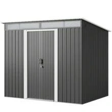 8' X 6' Outdoor Metal Storage Shed With Double Sliding Doors, Tool Shed Garden Shed With Glass Window And Anchor Bolts - 灰色 - 查看 2