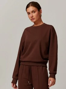 MASKERT Áo nỉ cổ tròn cho nữ, Áo nỉ thể thao dài tay thường ngày, Áo nỉ dài tay mềm mại, Bộ đồ thể dục - Cà phê nâu - Xem 1