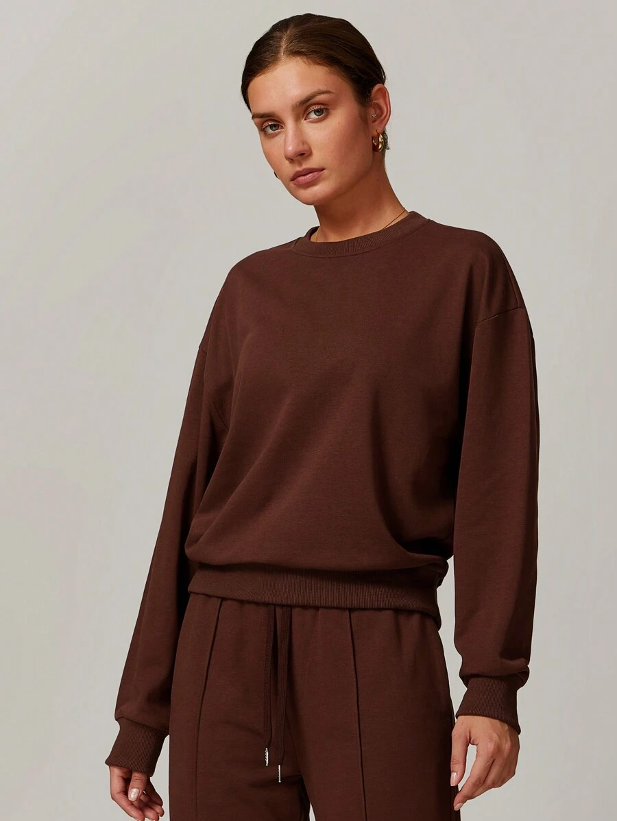 MASKERT Áo nỉ cổ tròn cho nữ, Áo nỉ thể thao dài tay thường ngày, Áo nỉ dài tay mềm mại, Bộ đồ thể dục - Cà phê nâu - Xem 1